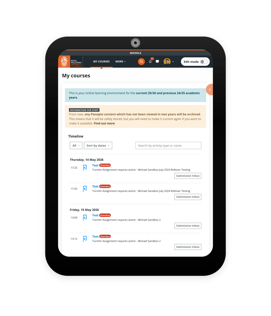 Moodle My courses web page displayed on a tablet